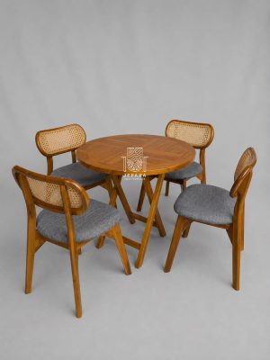 Round Folding Dining Table With Rattan Chairs